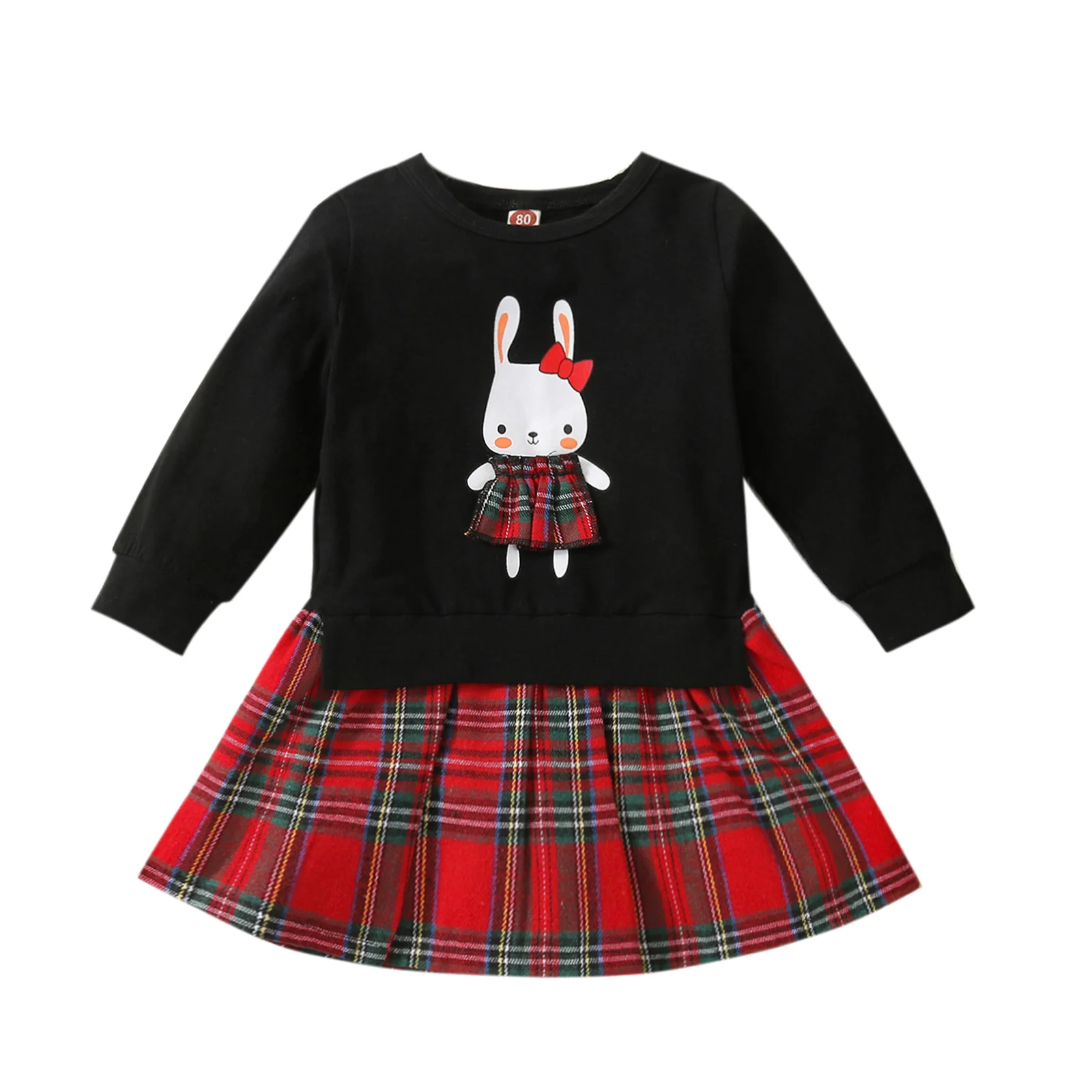 

Baby Girl Pullover Dress Long Sleeve Round Neck Cartoon Bunny Print Patchwork Dress Rabbit Design Cute