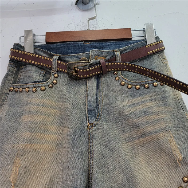 Summer 2023 Heavy Industry Beads Frayed Hot Drilling Straight Short Pants a-Line High Waist Wide Leg Slim Denim Shorts