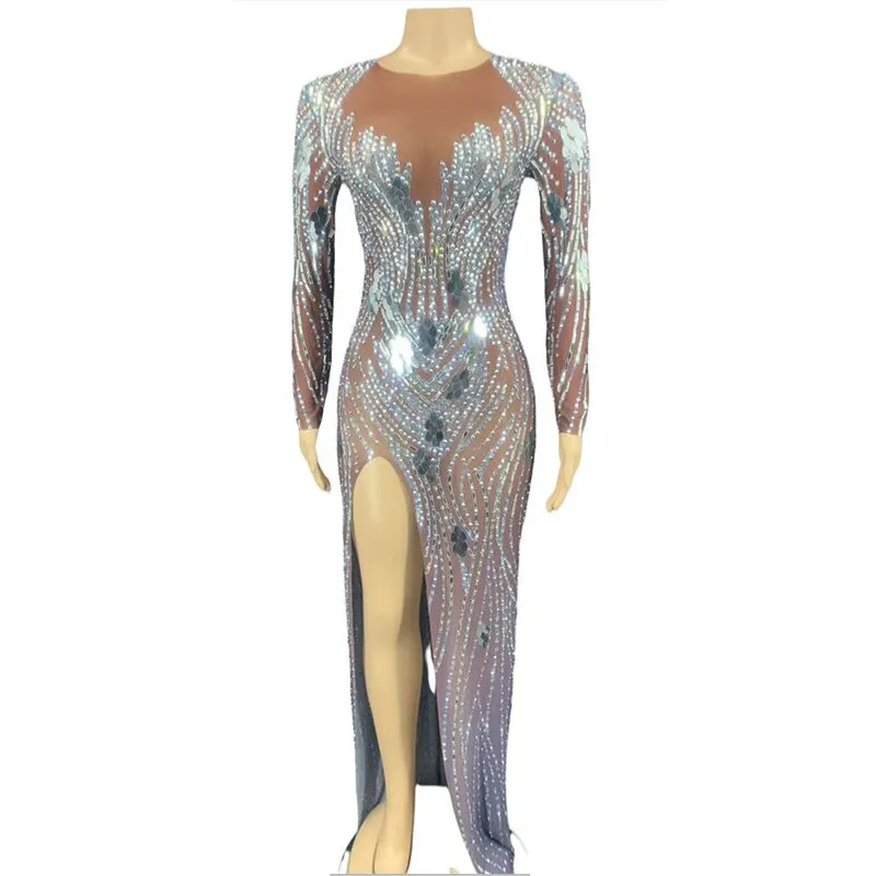

Women New Silver Mirror Stones Dress Sexy Transparent Evening Long Dress Birthday Celebrate Mesh Outfit Dancer Singer Costumes