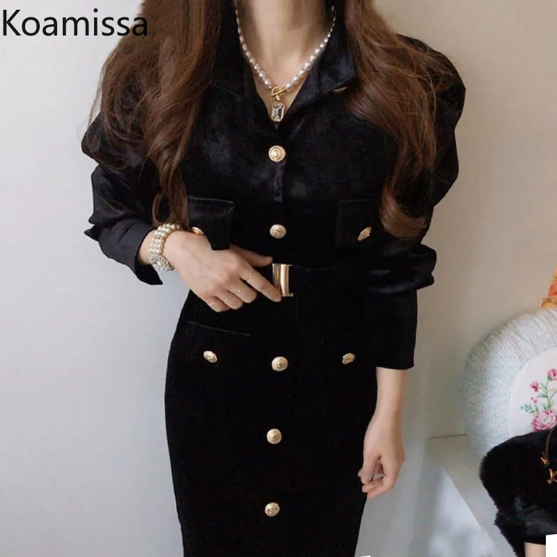 Koamissa Vintage Women Bodycon Party Dress Long Sleeves Single Breasted Chic Korean Dresses Office Lady Spring Vestidos 2022