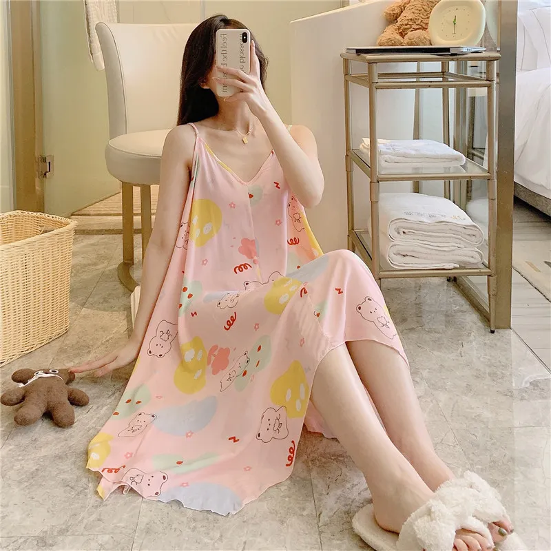 Cotton Silk Sling Nightdress Female Summer Thin Section Loose Long Section Fresh Man-made Cotton Princess Style Home Service