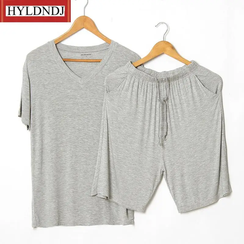 Mens Casual Set 2 Piece V-Neck Solid Color Home Clothing Summer Modal Pajama Sets Thin Short Sleeve T-Shirt Shorts Sleepwear