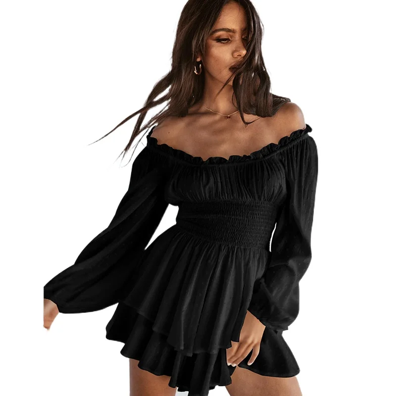 

Summer haute couture women's pleated one line collar long sleeved casual ruffled jumpsuit French shorts new