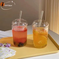 2pc 450ml creative glass cups for coffee tea drinks milk tea water cups with glass cover glass straw drinking cup simple design