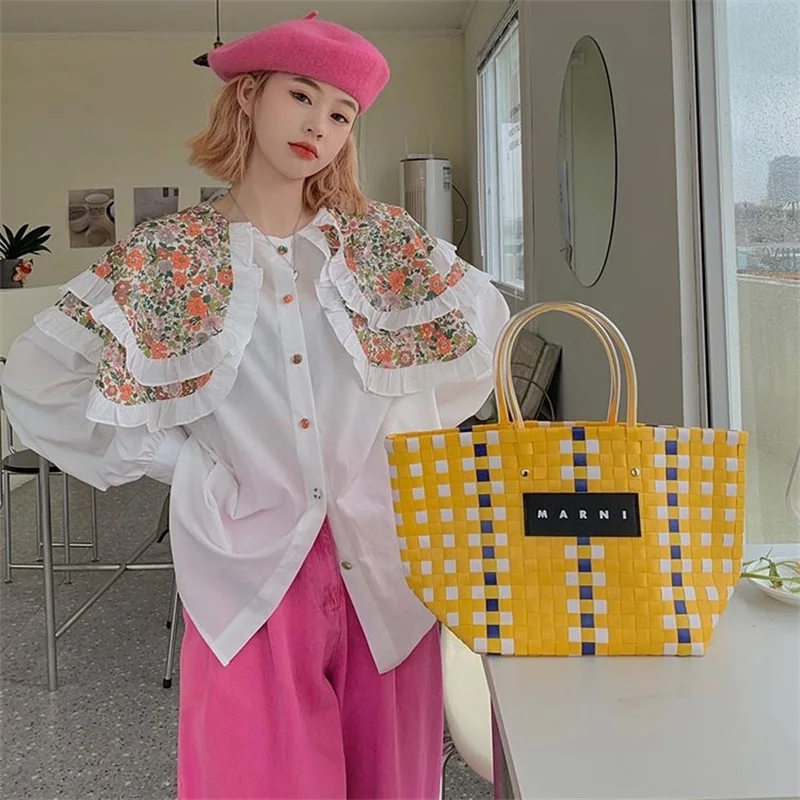

Cuet Peter Pan Collar Floral Single Breasted Preppy Style Shirt Spring New Sweet Girly Vintage Base Inside Elegant Blouse Shirt