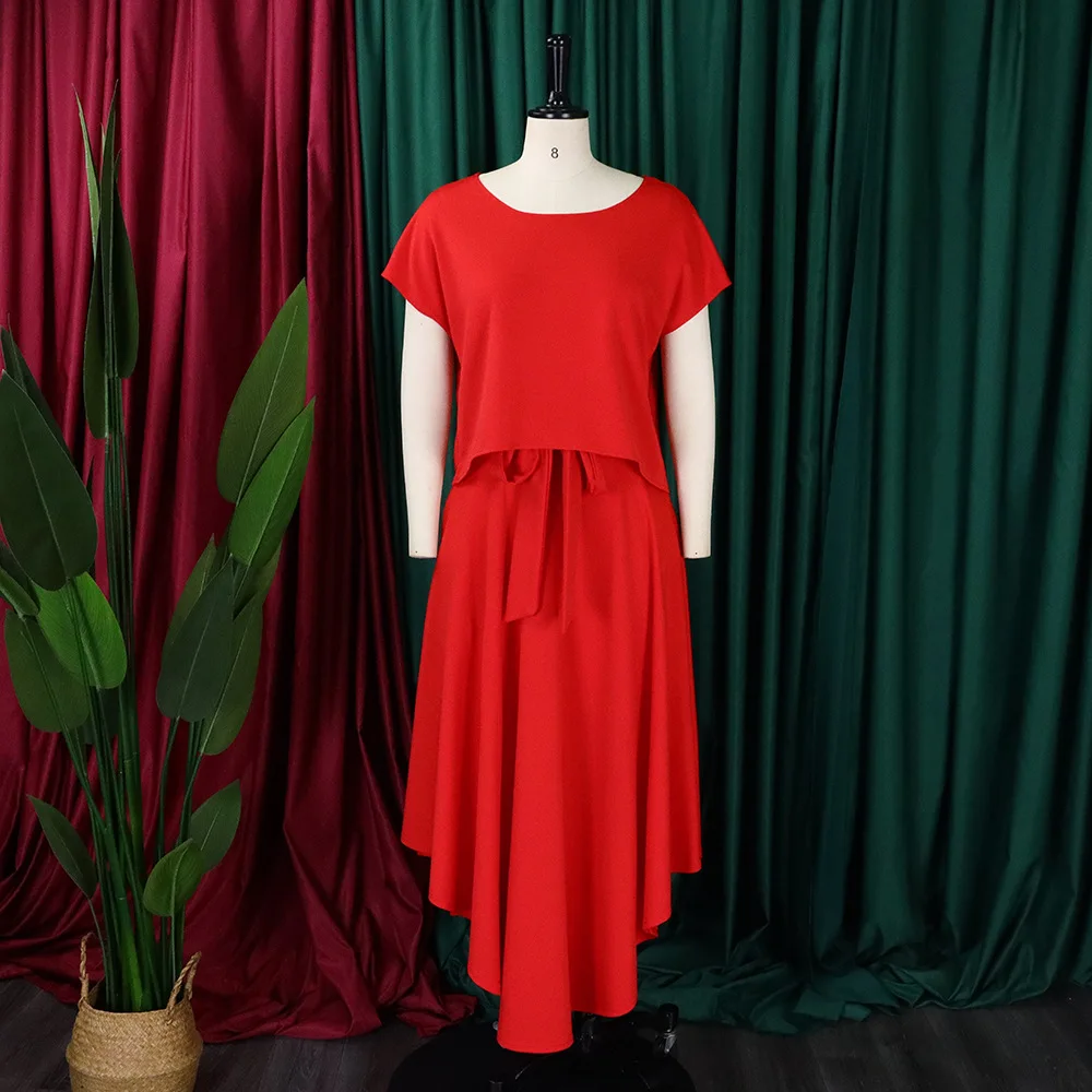 Plus Size Two Piece Dress Solid Shirt Top Loose Luxury Party Dress Korean Style Casual Outfit 2023 Summer Female Matching Sets