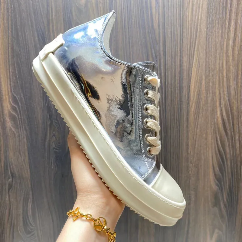 

Men's and women's low top shoes, leather upper, thick sole, lovers' liquid silver plating, silver mirror surface, bright surface