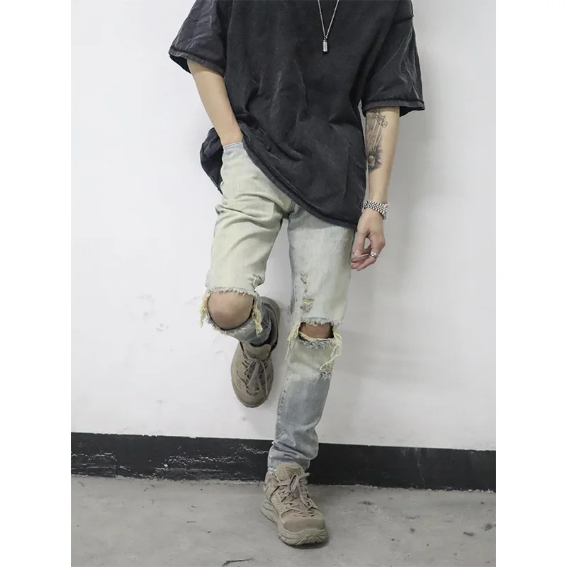 Mens Jeans Slim Fit Retro Light Blue Washed Streetwear Men Summer Fashion Denim Pants Full Length Ripped Jeans