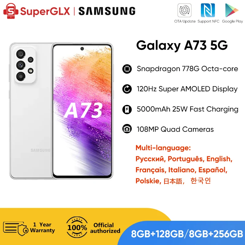 Original Samsung Galaxy A73 Global Rom 5G Smartphone Snapdragon 778G 120Hz Super AMOLED Plus 5000mAh Battery 108MP Quad Cameras