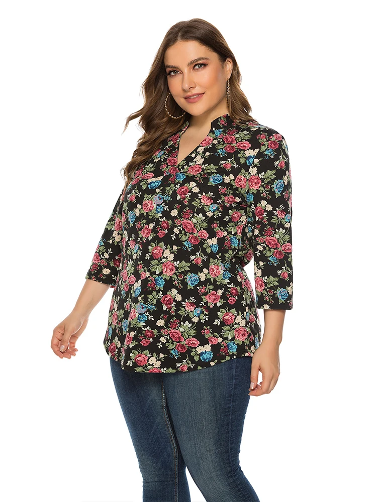 2022 Plus Size Women Clothing Summer Casual Flowers Print T Thirt O Neck For Women's Tunic Peplum Fashion Tops Blouse Tee