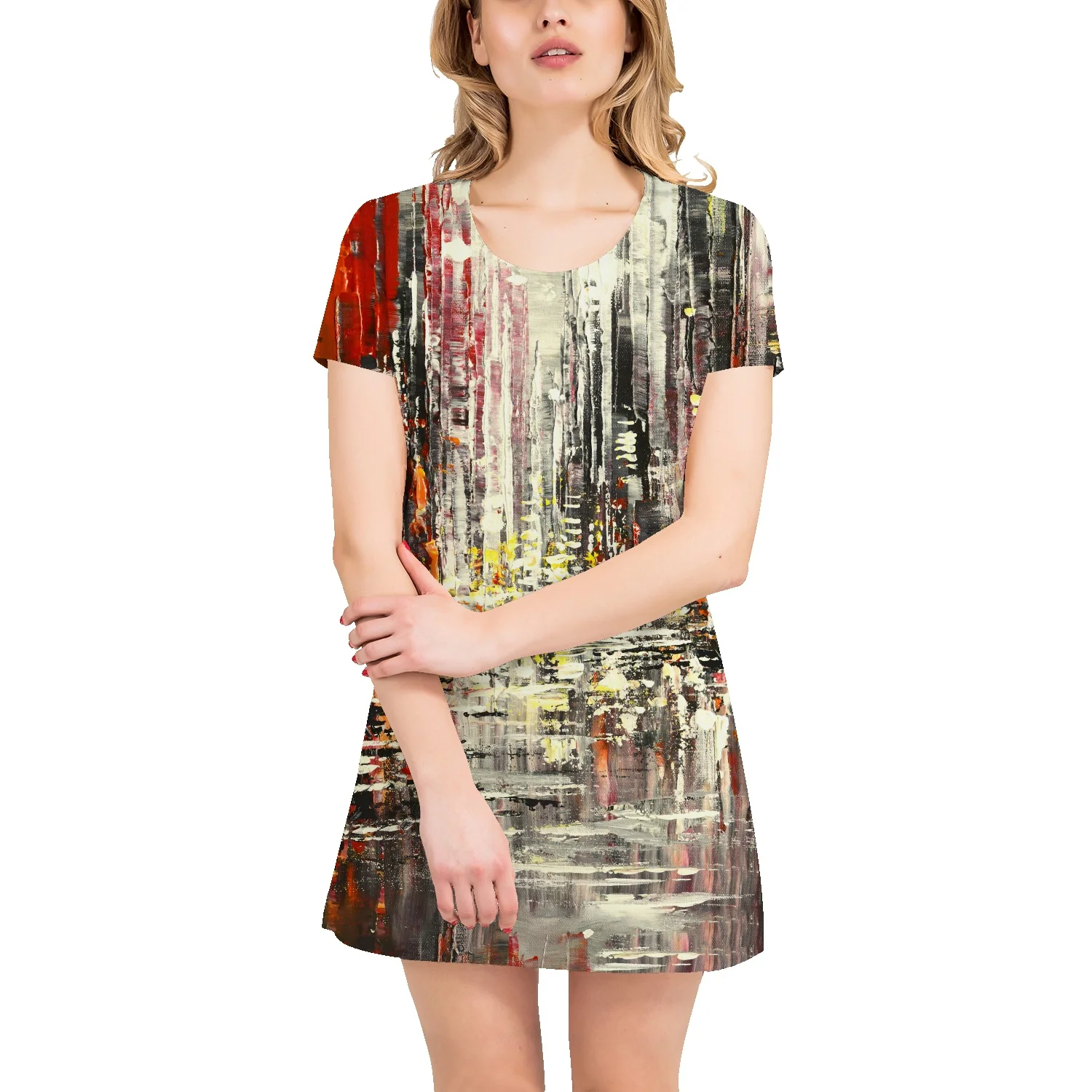 

Летнее платье-трапеция с коротким рукавом и юбкой-миди