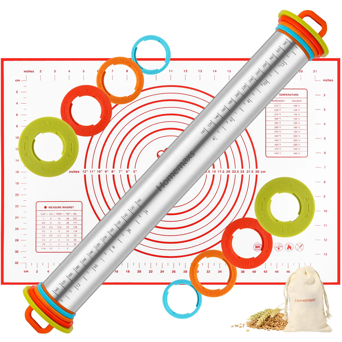 

Adjustable Stainless Steel Rolling Pin and Pastry Mat Set with 4 Removable Thickness Rings for Baking Cookie Chapati
