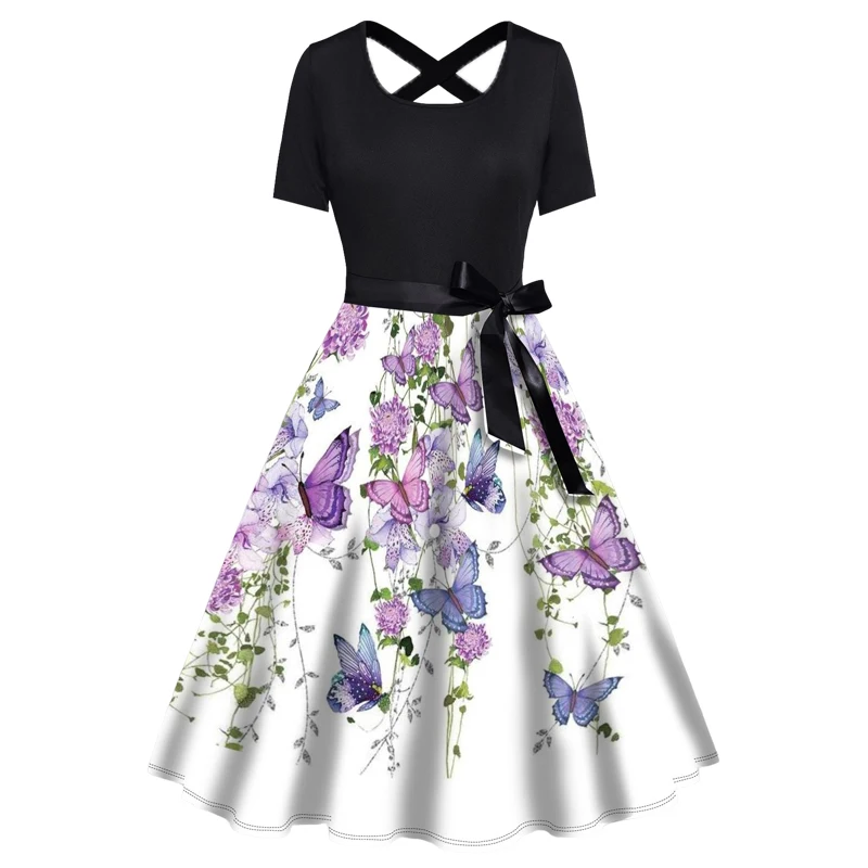 

Flower Butterfly Print Short Sleeve Combo Dress Bowknot Belt Cross High Waist A Line Robe For Spring Summer