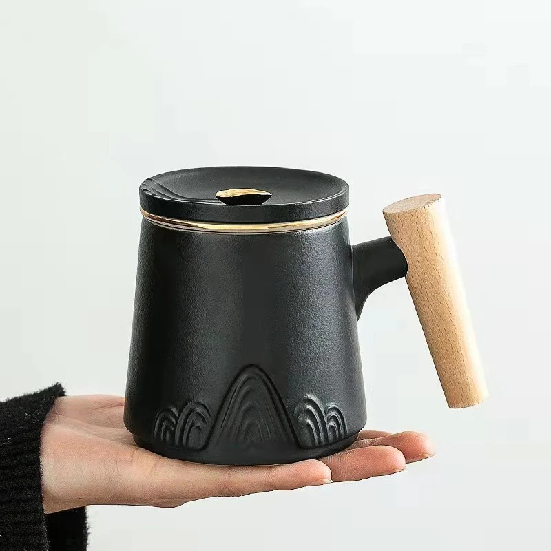

Керамические кофейные чашки и кружки, чайная чашка, кружка с деревянной ручкой с крышкой и ситечком для чая, оригинальные чашки для завтрака, персонализированные подарки