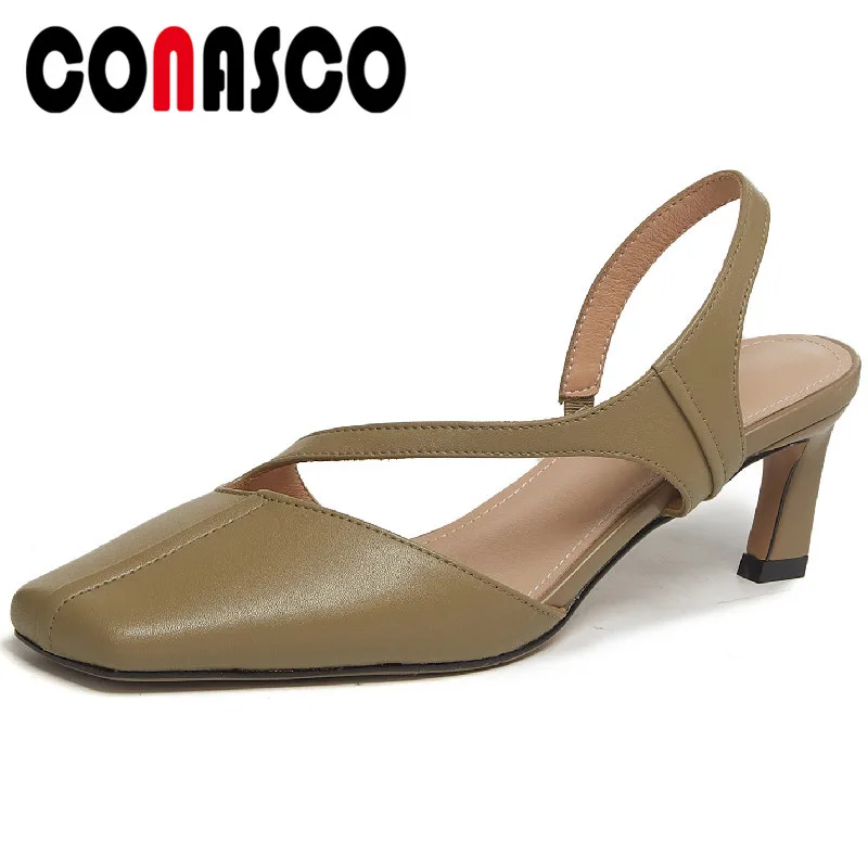 

CONASCO 2022 Summer Women Sandals Office Ladies Casual Pumps Genuine Leather Square Toe Thin Heels Mature Concise Shoes Woman