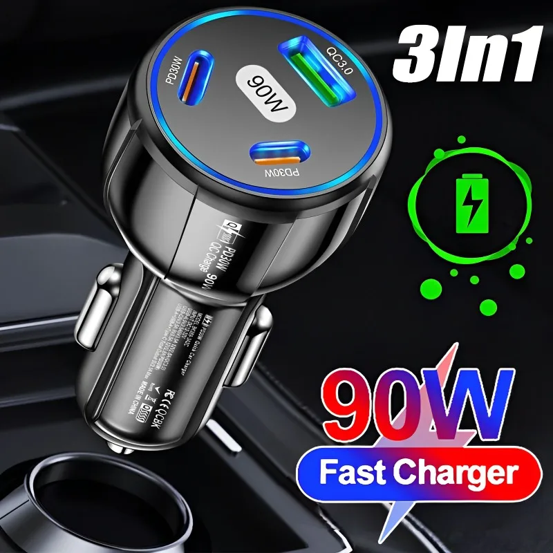 

90W 3-in-1Car Charger QC3.0 PD Type C USB Moblie Phone Fast Charging for IPhone Xiaomi Samsung Car Quick Charger Adapter