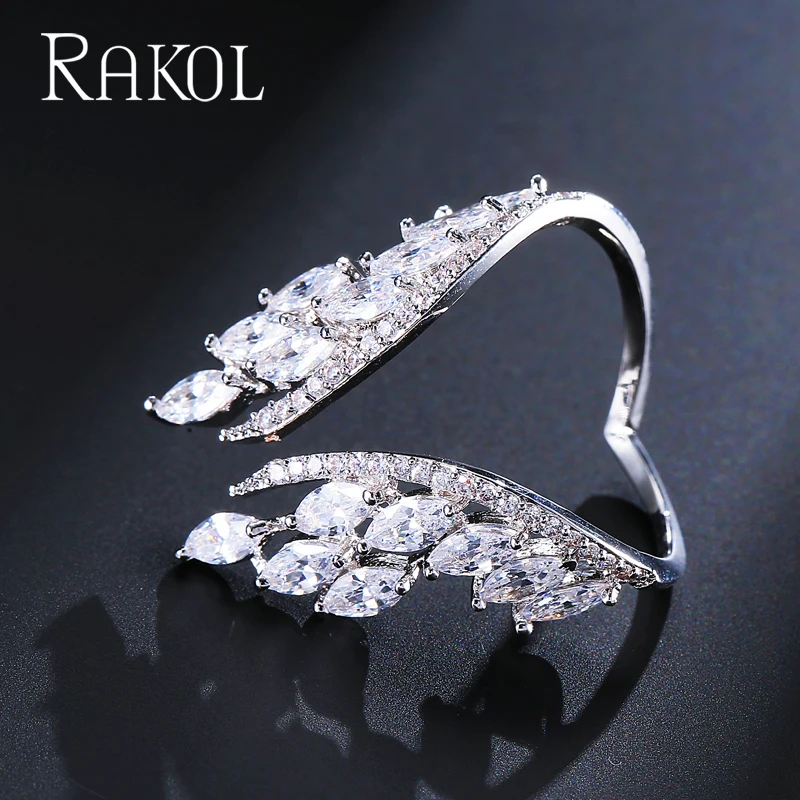 

RAKOL White Cubic Zirconia Crystal Angel Wing Rings for Women Feather Shape Open Adjustable Ring Bridal Engagement Jewelry