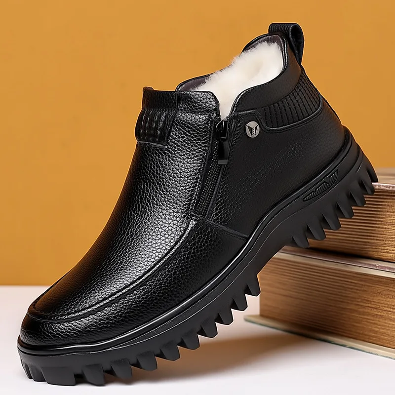 Зимние мужские ботинки толстые плюшевые теплые зимние кожаные на молнии