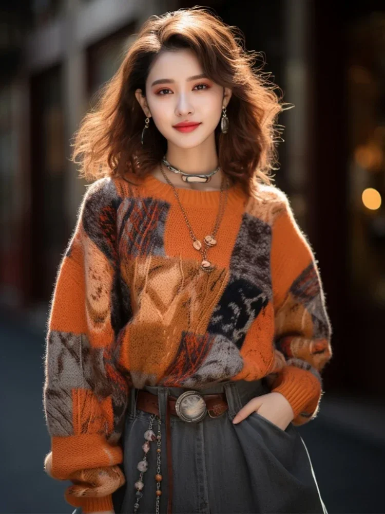 Французские винтажные пуловеры с длинными рукавами в клетку жаккардовый дизайн