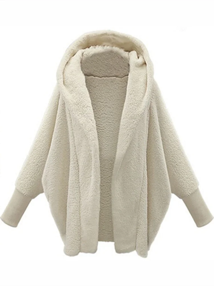 

Fashion Winter Woman Coat 2022 Very Warm Oversized Cardigan Solid Bat Sleeve Hooded Loose Plush Coats for Women Clothing Jacket