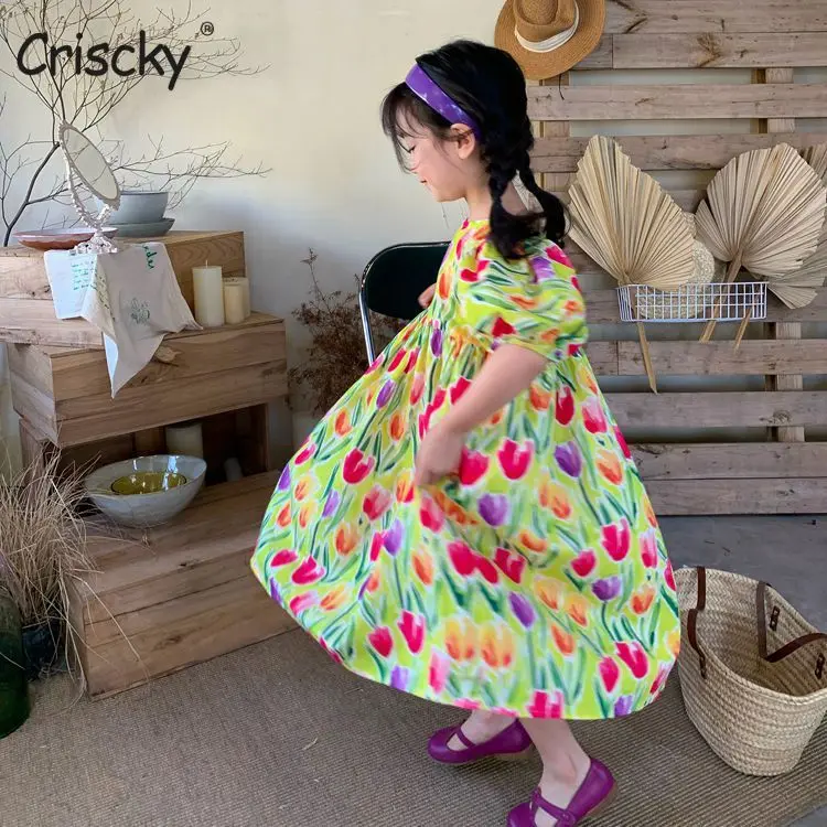 

Criscky Elegant Girls Flower Short Sleeve Dresses For Kids Formal Birthday Party Fairy Princess Cloth Children Cute Vestidos
