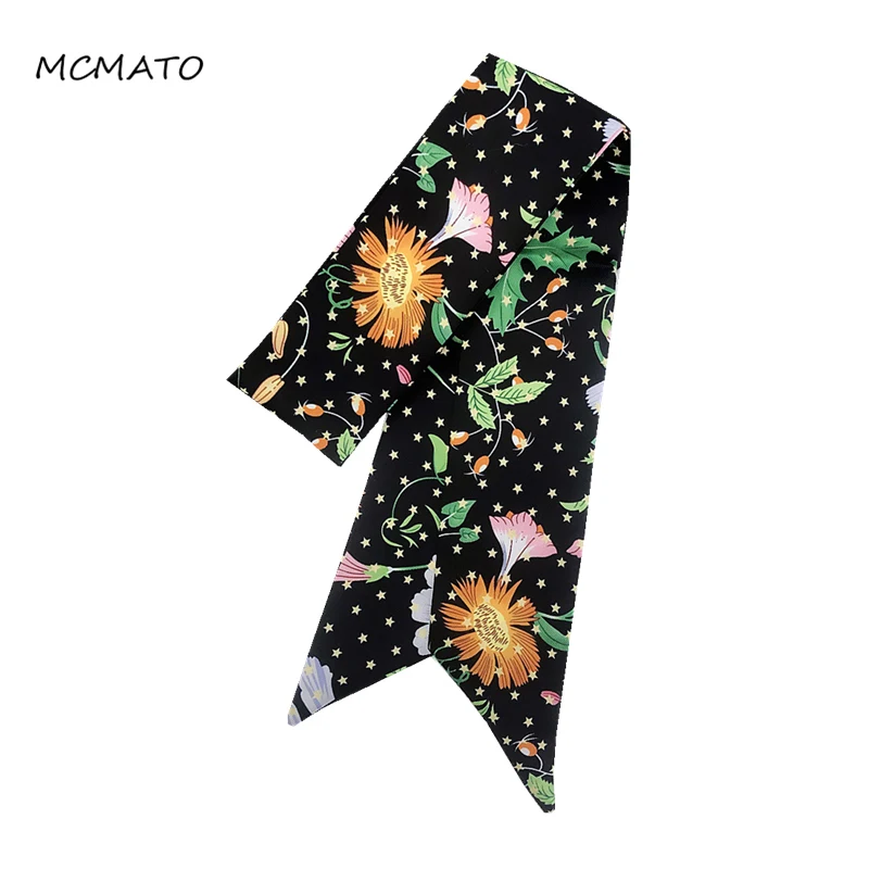 

Chrysanthemum Morning Glory Floral Five-star Print Woman Silk Scarf 88cm*5cm Small Long Head Scarf Bag Ribbons Ladies Tie