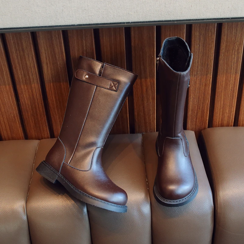 

Girls' Long Boots Autumn and Winter 2022 New Children Plush Zipper Boots Korean Style Princess Cool Leather Boots for Catwalk PU