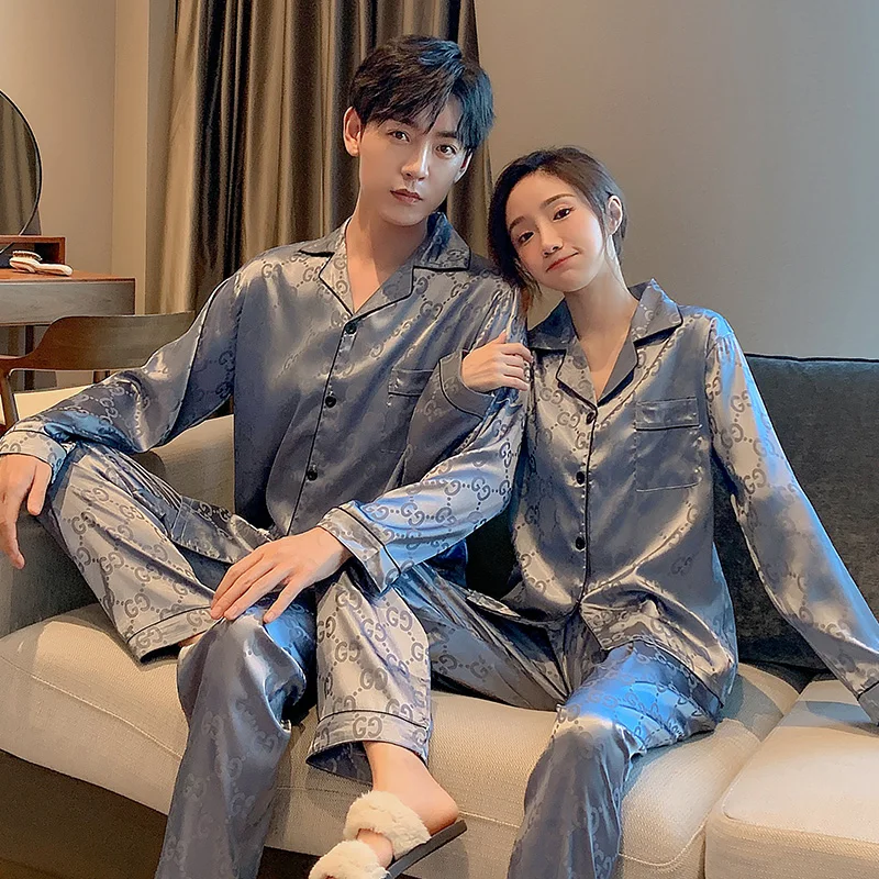 

Silk Satin Pajamas Couple Sleepwear Spring And Autmn Long-sleeved Simple Letters High-end Men's Home Clothes Women's Suits