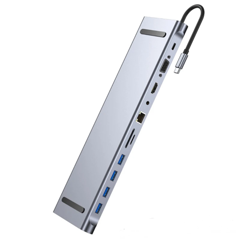 

Алюминиевая док-станция типа C для порта 11 в 1 Тип C для USB3.0X4 RJ45 (100 м) VGA PD AV SD TF серый