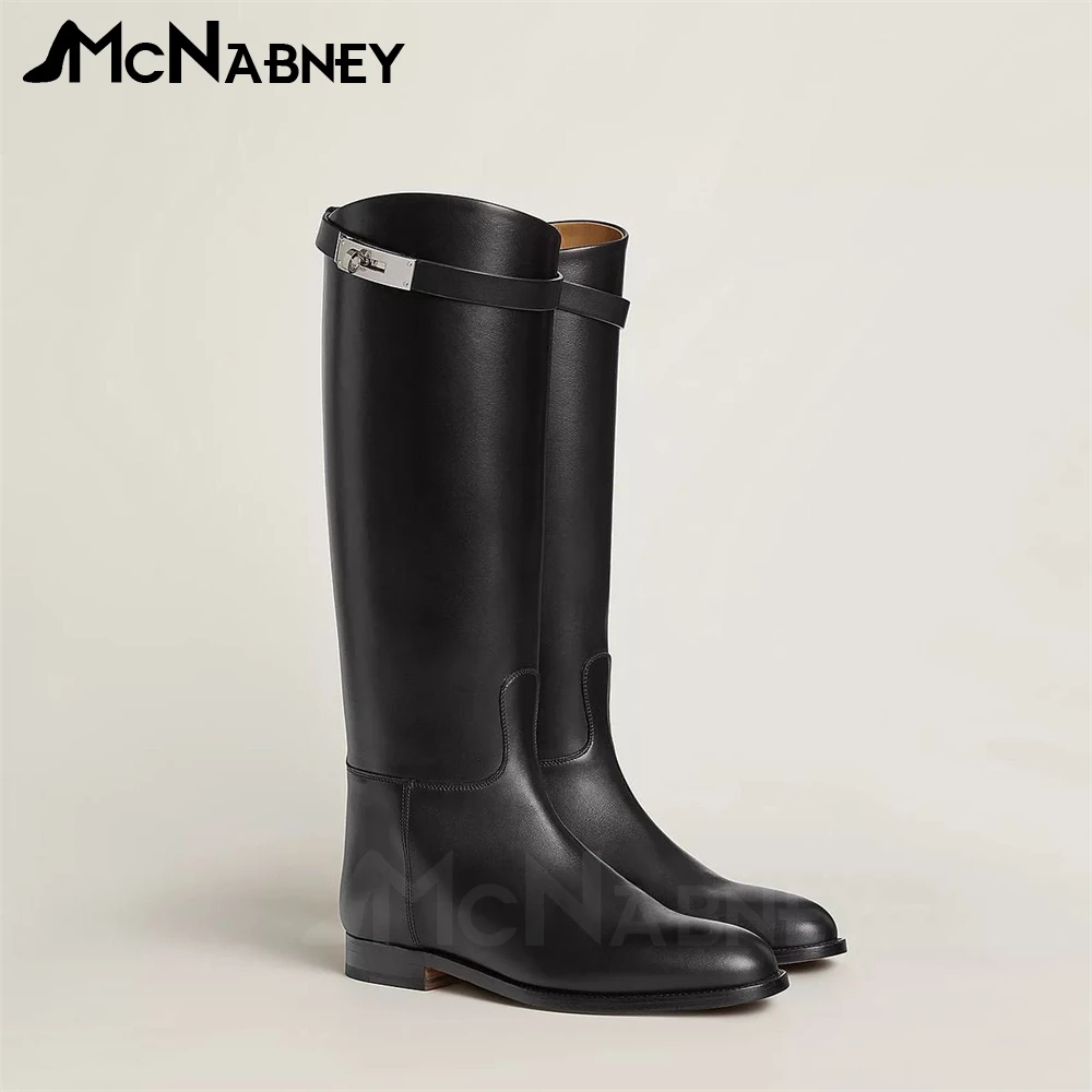 Классические дизайнерские сапоги до колена с металлическим замком и пряжкой