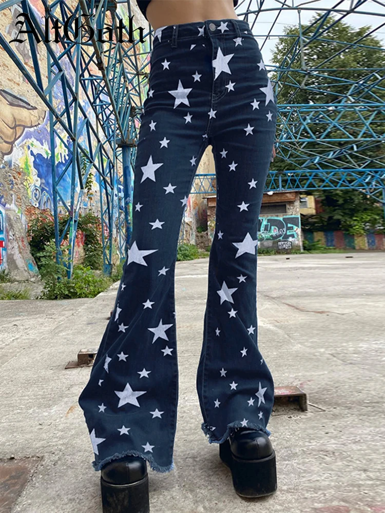 

Женские джинсы с принтом в виде пентаграммы AltGoth, винтажные Брюки-клеш в стиле кибер-панк, уличная одежда в стиле 1920-х годов, брюки в стиле гранж-эмо, Y2k