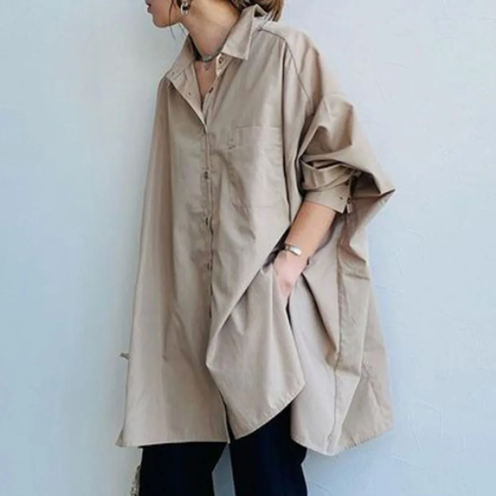 

2022 Spring Tops Women Lapel Neck Long Sleeve Blouse Casual Loose Shirt Fashion Solid Long Blusas Tunic Chemise