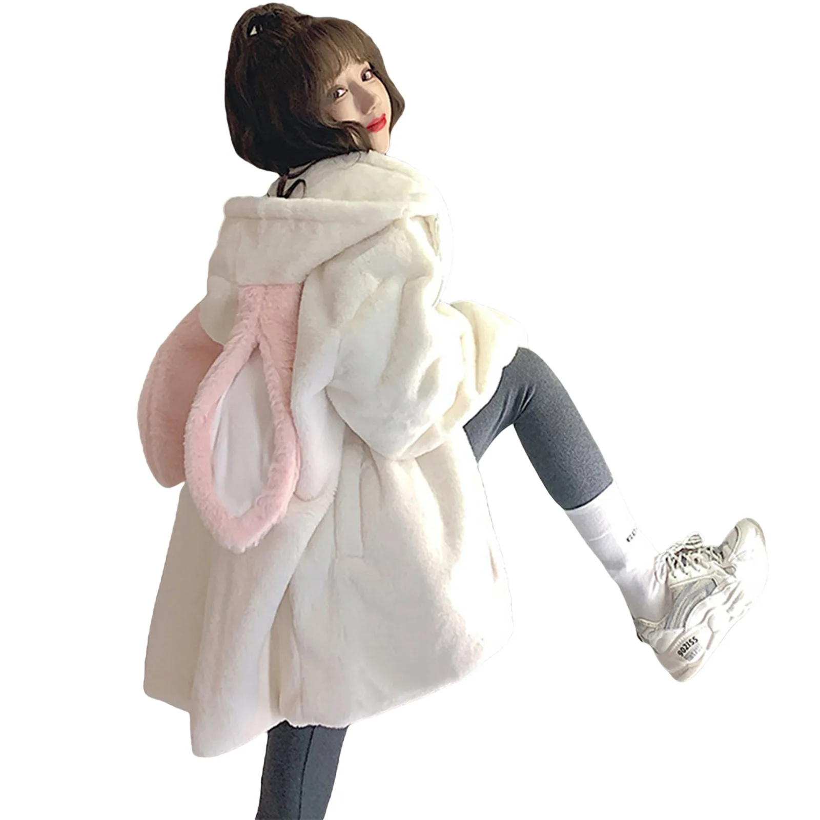 2022 Winter Kawaii Cute Girl Sweet Japan  Clothing Korean Style  Long Thick Wool Rabbit Ear Top Women's Loose Cashmere Coat