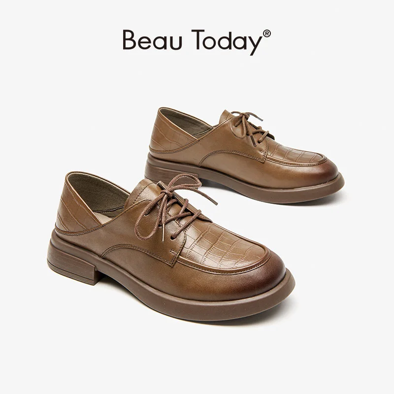

Derby Shoes Women Calfskin Leather Round Toe Stone Striped Thick Se Lace Up Female Dress Shoes Handmade 21643
