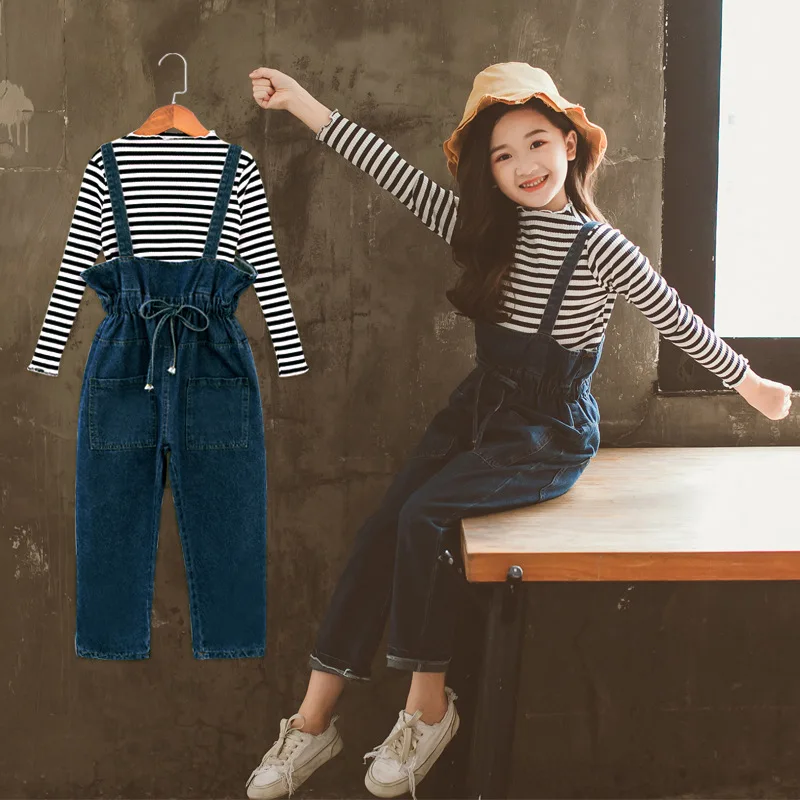 

New Spring Children Set Girls Suit Stripe Top Stripe Tops and Overalls Pants Toddler Shirt and Jeans Pants Cotton A189