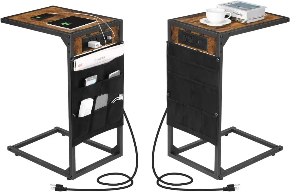 

C-образный концевой стол 23,6 дюйма с зарядной станцией, набор из 2 боковых столов, Деревенский коричневый