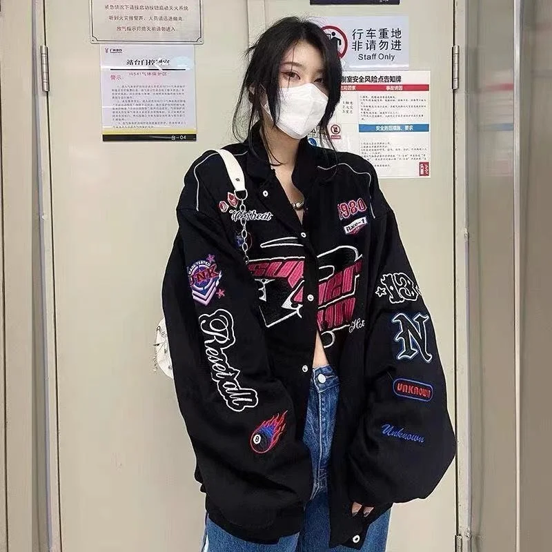 

Racing jacket jacket winter retro stitching bomber jacket y2k street hip-hop alphabet print reflective zipper jacket couple