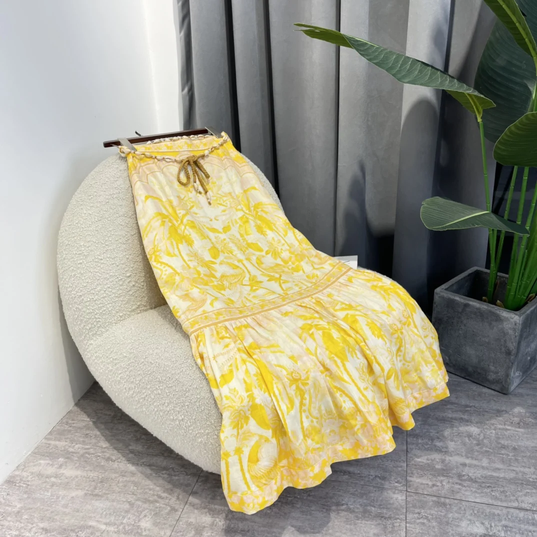 

Women Holiday 2022 Summer Top Quality Linen Palm Tree Print Yellow Frill Ruffle Midi Easy Matching Skirt with Natural Shell Belt