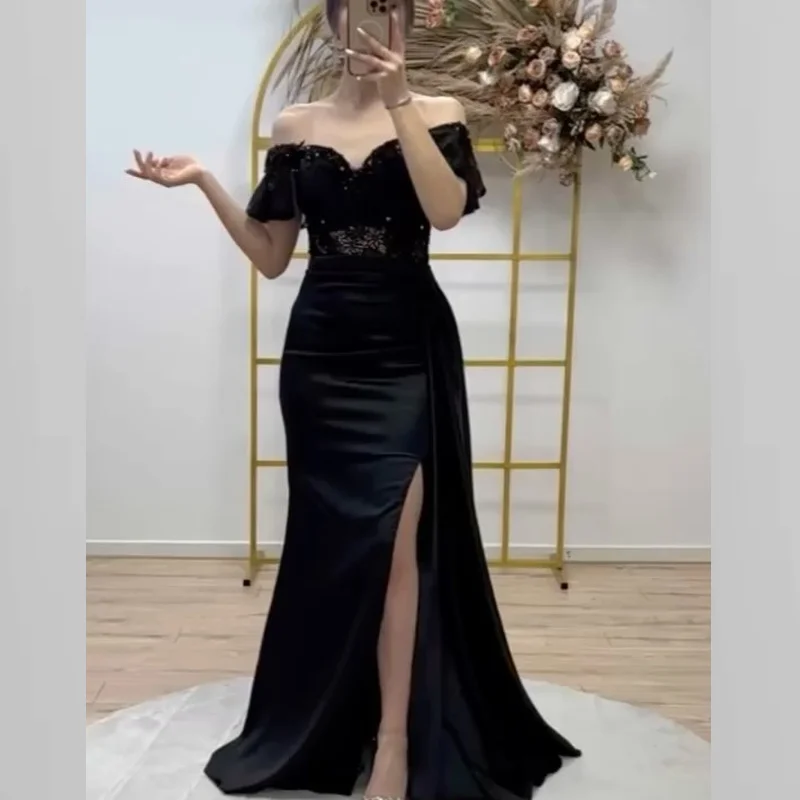 

Evening Dresses Formal Occasion Elegant Party for Women Sweep Train Off-the-shoulder Neckline Empire Sheath Lace Beaded