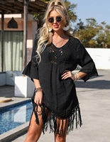 black beach cover ups for women tassel crochet v neck bath exits woman summer dress polyester half sleeve sundress sheer tunic