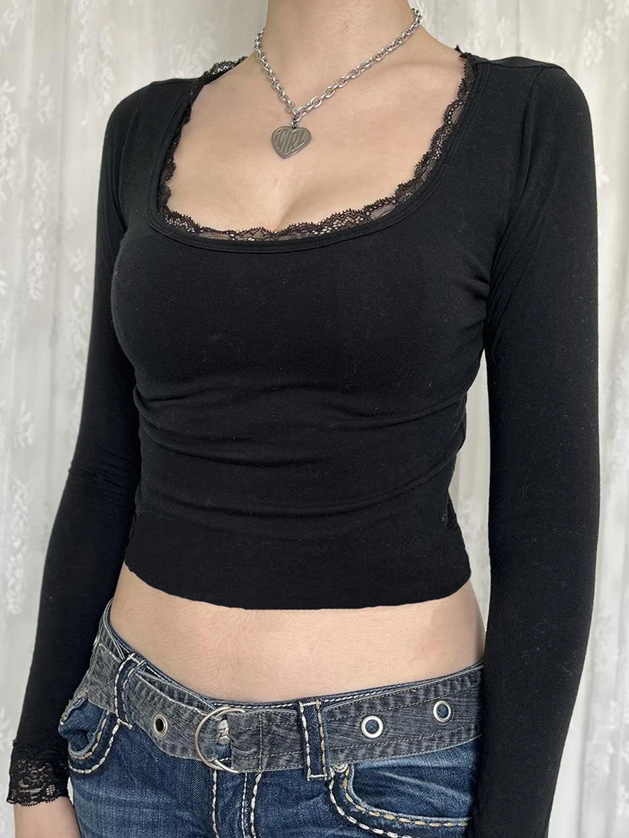 Женские короткие футболки с кружевной отделкой рубашки длинными рукавами и