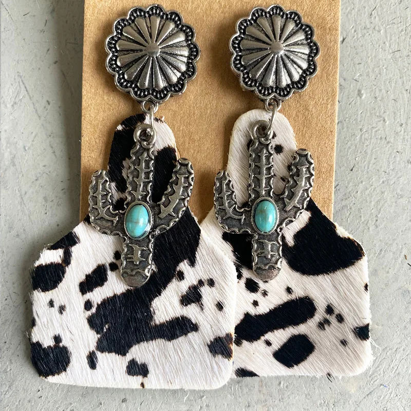 

2 Pack COWHIDE CACTUS & TAG LEATHER FUR DANGLE EARRINGS Cattle Ear Tags Turquoise Boho Chic Cowgirl Earrings Spotted Cow Print