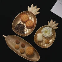 nordic luxury decorative gold leaf plate dish candy trinket dish jewelry fruit serving tray storage plate resin tableware