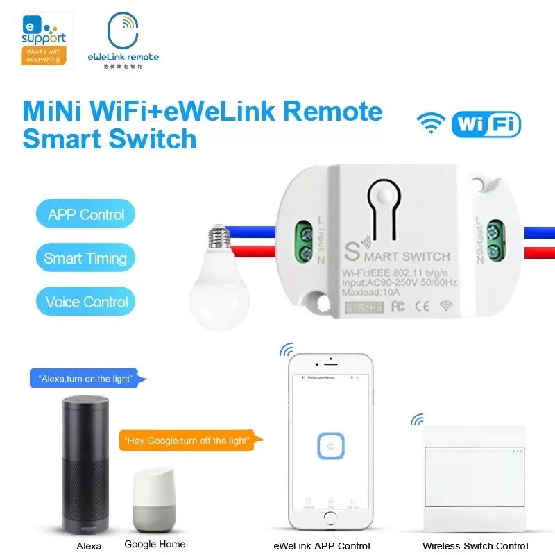 

Aubess EWeLink Remote Smart Light Switch Module Mini WiFi Bluetooth 2.4G Remote Voice Control Work With Alexa Google Home Alice