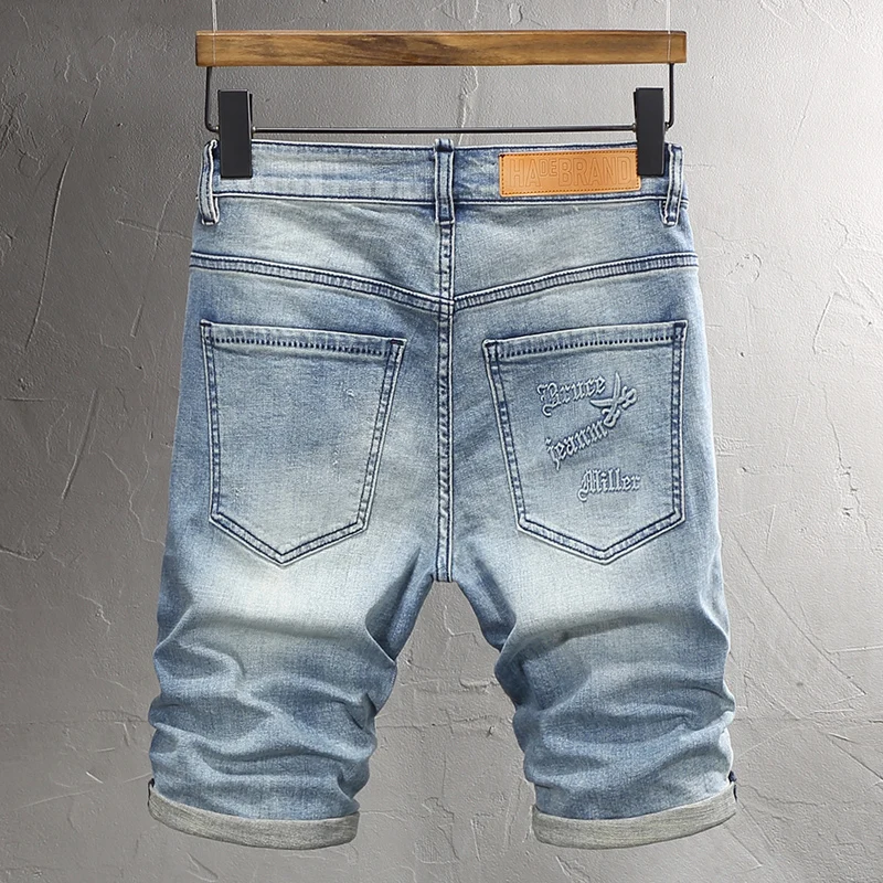 Summer Vintage Fashion Men Jeans Retro Washed Blue Elastic Embossed Designer Short Jeans Homme Street Hip Hop Denim Shorts Men