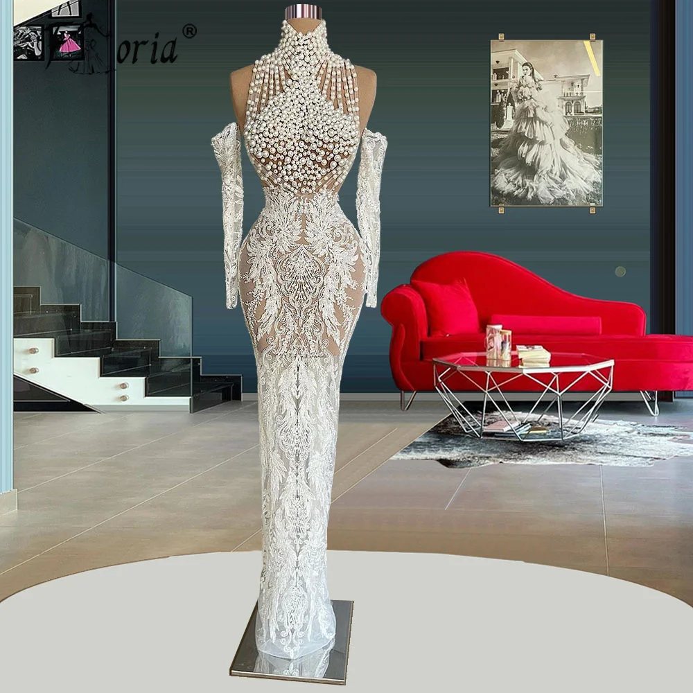 

Elegant Pearls Evening Dresses 2022 Long Sleeves Beading Lace Celebrity Dress Illusion Prom Party Formal Gowns Robe De Soiree