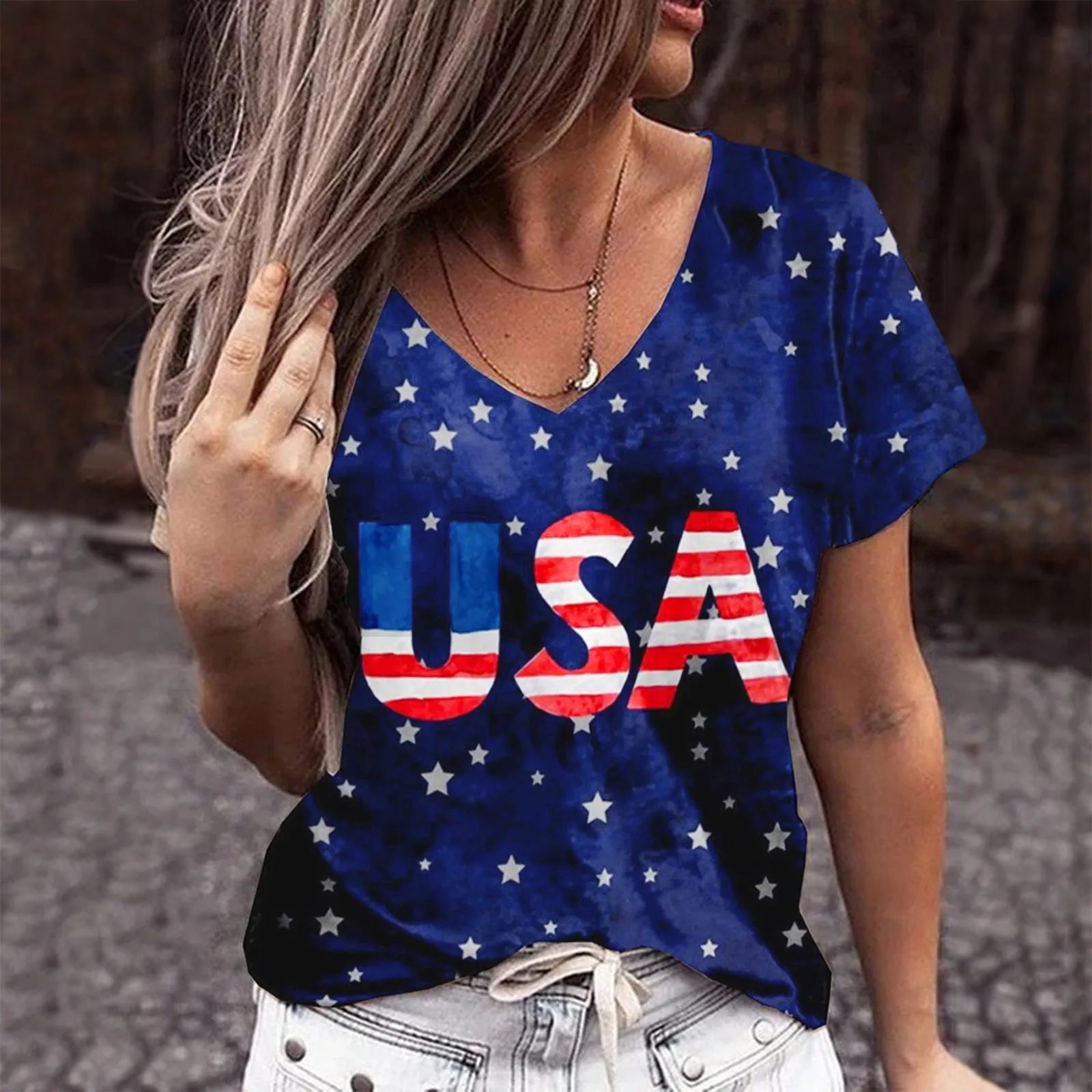 

Women American Star Letter Top Shirts V Neck Shirt Fashion Short Sleeve Top Independence Day Loose Shirt Active Jacket Women