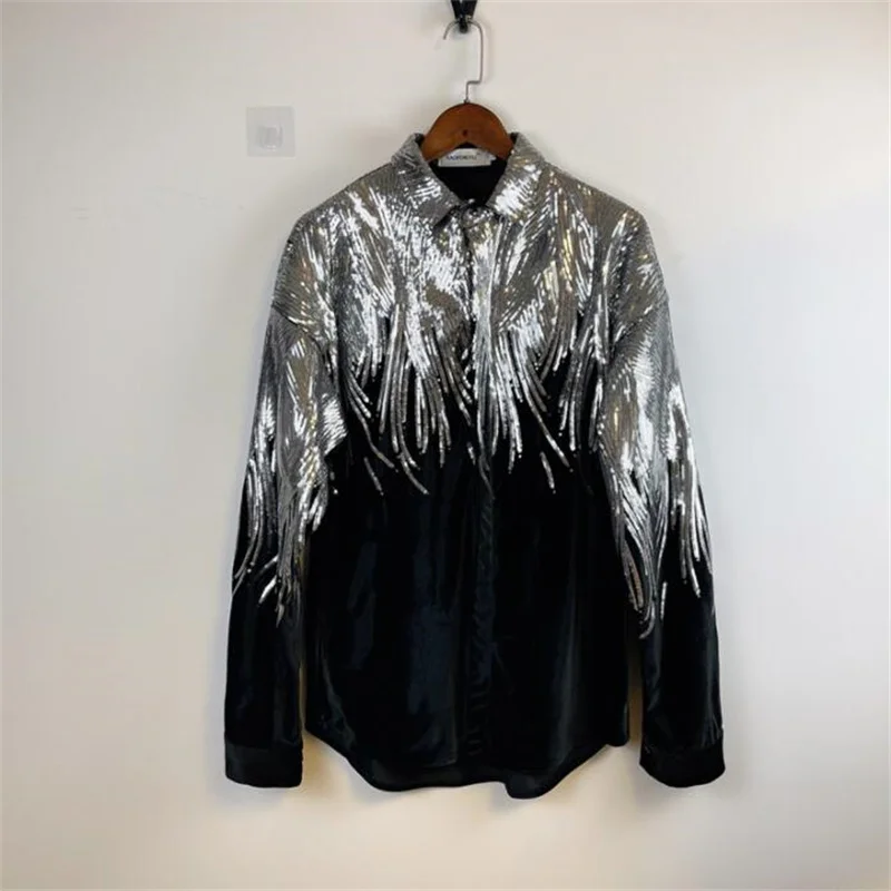 Blazers men's sequin jackets suits embroidered wings coats shirt dance stage nightclub performance loose velvet shirt fashion