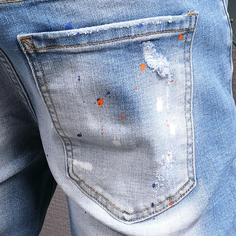 Denim Shorts Men Fashion Dots Printed Ripped Short Jeans Summer Streetwear Casual Light Blue Stretch Straight Slim Fit Pants