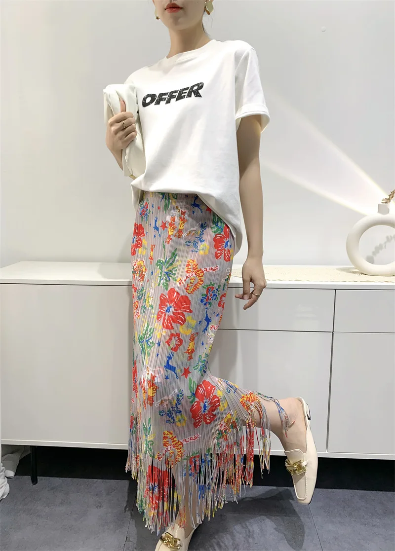 

Женская плиссированная юбка миаке, длинная трапециевидная юбка в стиле ретро с цветочным принтом и бахромой, весна-лето 2023
